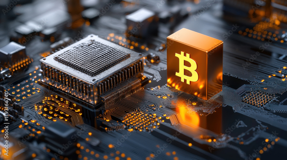Leinwandbilder conceptual image of bitcoin symbol on circuit board, representing digital currency and technology. g
