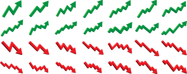 3D green and red arrow bull, bear arrow trends, up and down market analytics collection in transparent background 