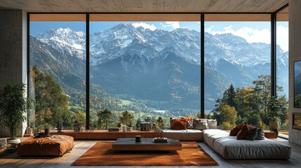 A mountain chalet with large windows overlooking a scenic vista, comfortable and luxurious, mountain cabin