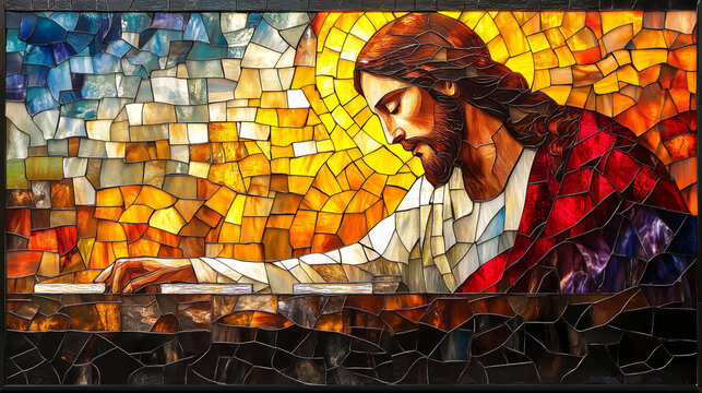 A stained glass picture representing Jesus