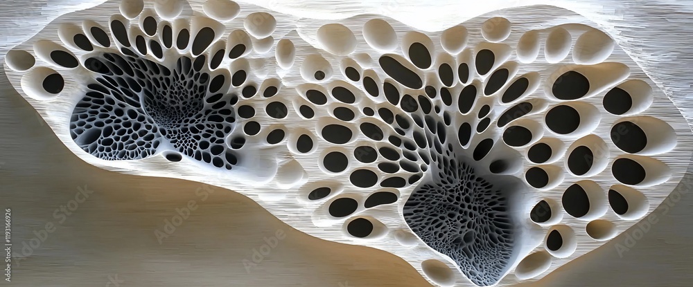 Poster abstract porous organic form with deep cavities and varying sized holes.