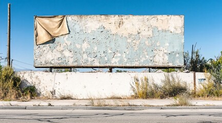 Weathered billboard with faded paint and tattered fabric.
