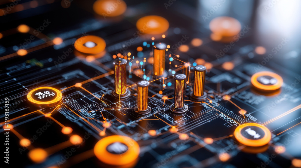 Poster digital city concept with glowing circuits and icons, showcasing technology and innovation. vibrant 