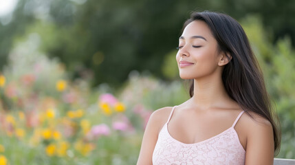 Fototapeta premium Malay woman breathing and relaxing on a beautiful colorful flower field
