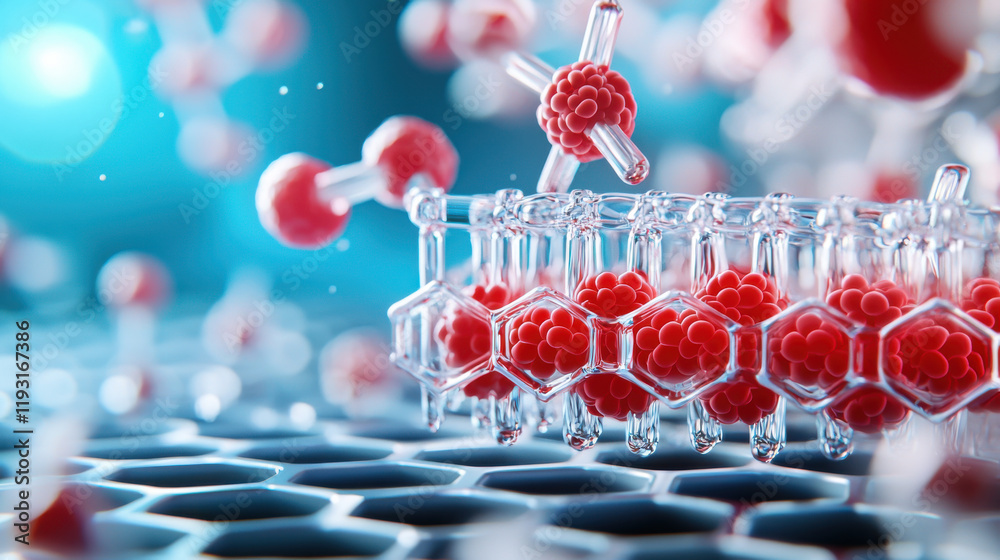 Fototapete conceptual image of nanotechnology in biotechnology, showcasing molecular structures and interactions. This vibrant depiction highlights intricate details of molecular design and innovation