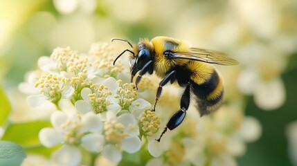 Close-Up of a Bee Pollinating a Delicate White Flower in Nature’s Garden Environment with Soft Background Bokeh Effect