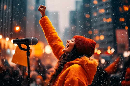 A public speaker addressing a crowd in an outdoor setting, using a portable PA system and wireless microphone
