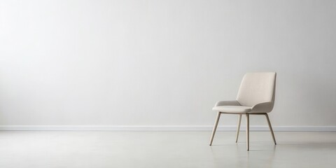 A single, light beige upholstered chair sits against a minimalist white wall in an empty room