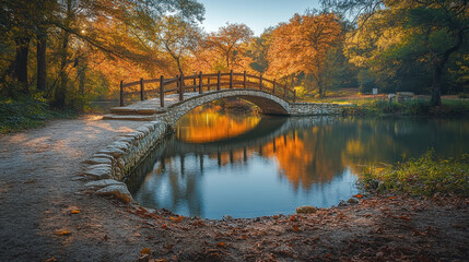 picturesque view of historic stone bridge over tranquil pond, surrounded by vibrant autumn foliage reflecting in water. serene landscape evokes sense of peace and nostalgia
