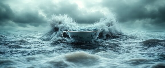 Naklejka premium Teacup in stormy ocean; surreal concept.