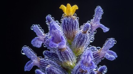 Fototapeta premium Close-up of dew-covered lavender flowers with a single yellow flower at the top against a black background.