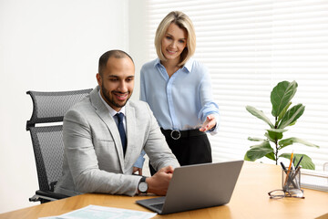 Fototapeta premium Coworkers with laptop working together in office