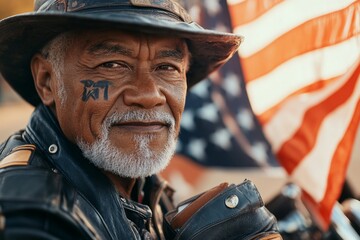 A veteran holding a folded flag, with a solemn expression and a memorial wall in the background