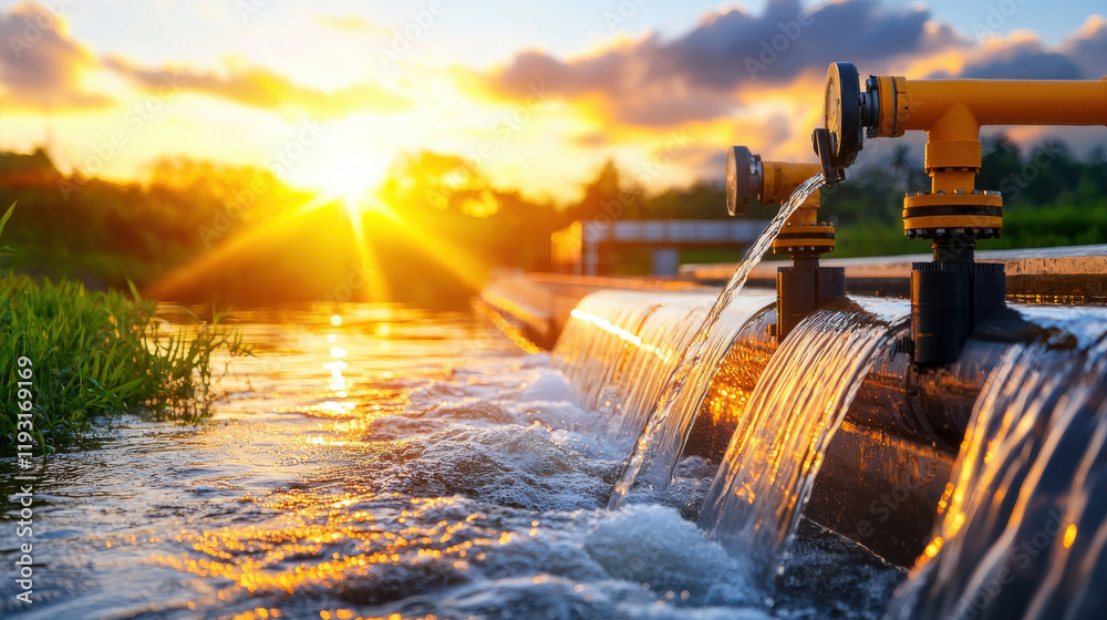 Poster water flowing from pipes at sunset, creating serene landscape with vibrant colors and reflections on