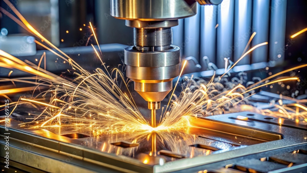 Poster precision metal fabrication a close-up view of sparks during automated cutting process
