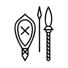 tribal spear and shield icon, tribal spear and shield line art - simple line art of tribal spear and shield, perfect for tribal spear and shield logos and icons and themed design