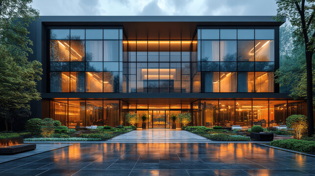 Modern hotel exterior with glass facade, welcoming atmosphere, and lush landscaping. elegant design features warm lighting and serene environment, perfect for relaxation