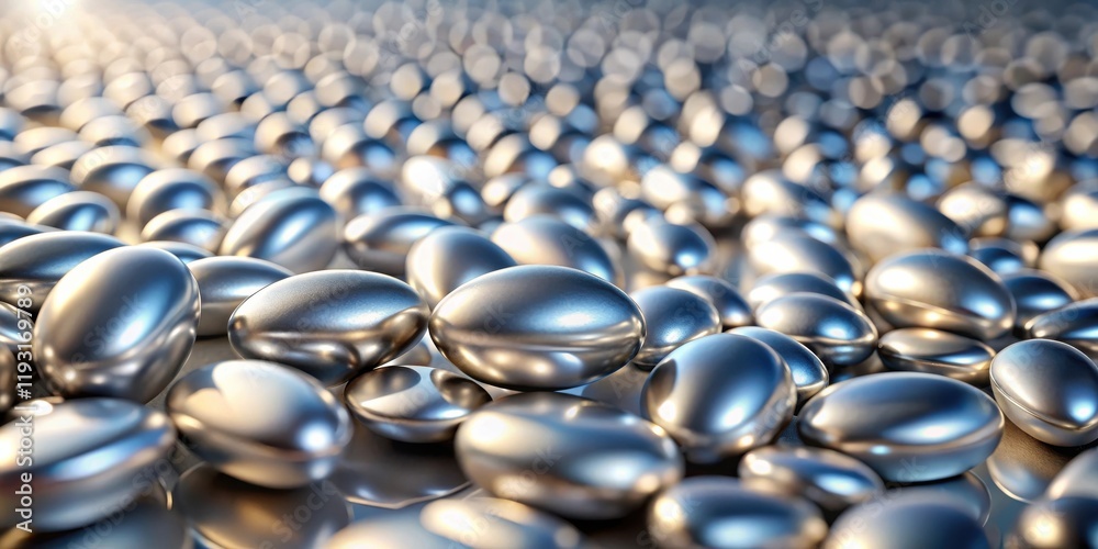 Poster a multitude of lustrous, metallic ovals arranged in a dense, textured pattern, reflecting light with