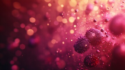 Abstract pink and red spheres and bokeh lights.