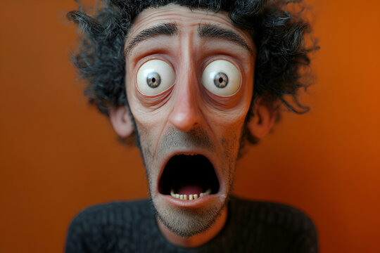 Surprised man with exaggerated expression showing shock and disbelief in a vibrant indoor setting