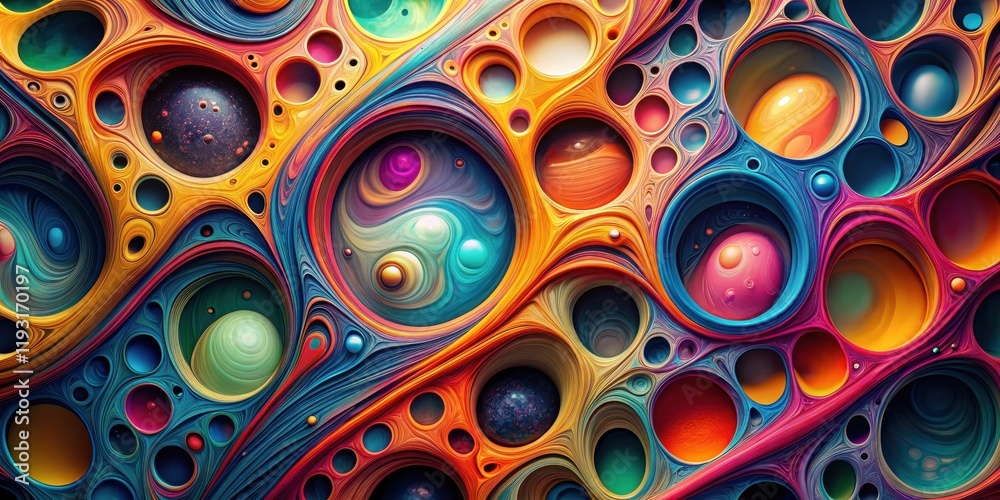 Poster Abstract Swirling Colorful Organic Forms with Nested Circular Patterns and Vibrant Hues