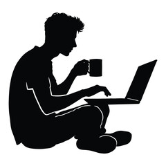 a man using a laptop with a coffee mug silhouette vector illustration isolated on a white background