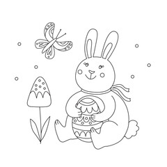 Card with a cute smiling bunny with an easter egg, a butterfly and a flower. Vector illustration in hand drawn doodle style ideal for coloring