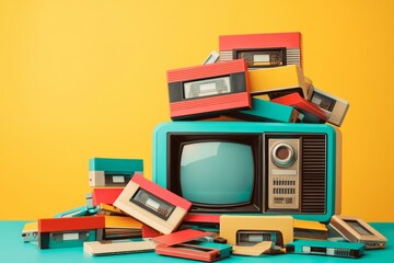 A vintage-style poster of a retro television and VHS tapes, with bold typography and muted red, yellow, and teal tones evoking 80s nostalgia