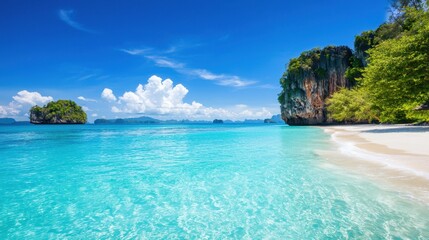 Fototapeta premium A stunning beach scene with crystal-clear water, white sand, lush greenery, and a bright blue sky, perfect for relaxation and adventure.