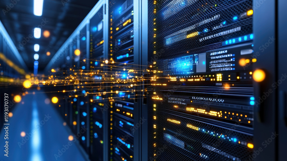 Aufkleber visual representation of cloud servers with glowing data connections, showcasing technology and innovation in modern data center environment