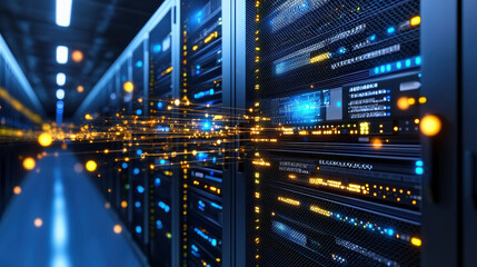 visual representation of cloud servers with glowing data connections, showcasing technology and innovation in modern data center environment
