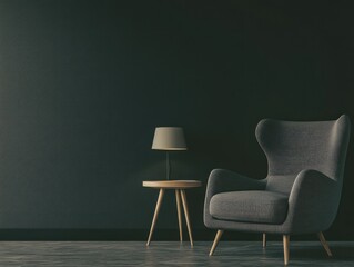 Cozy armchair and side table against dark wall.