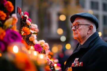 Obraz premium A war veteran standing solemnly at a war memorial, with wreaths and candles placed around it