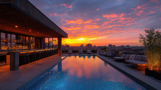 Stylish hotel rooftop bar with stunning sunset views over city, featuring beautiful pool and comfortable seating areas, perfect for relaxation and socializing