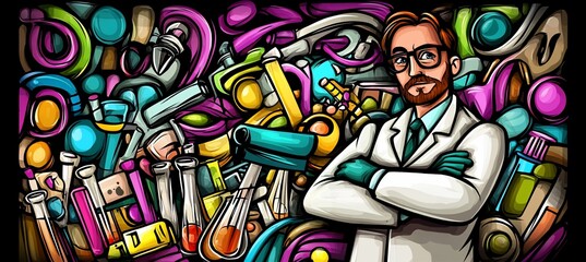 Obraz premium Scientist doodle art with lab equipment.