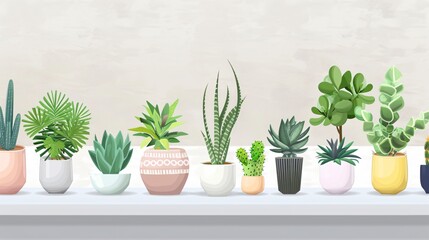 Diverse Artificial Plants in Flower Pots on White Background