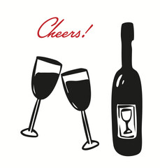 Party cheers drinks hand drawn in whimsical retro vintage line art style. Ideal for wedding invitation, menu design print collection.