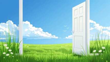 Serene Nature Landscape through Open White Door - Ideal for Real Estate and Travel Promotion