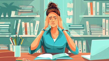 Stressed Mature Businesswoman Suffering from Headache in Office Cartoon Illustration