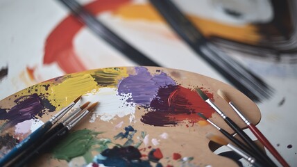Obraz premium Close-up of a paint-smeared artist’s palette with vibrant red, teal, orange, and yellow hues. Scattered brushes and blurred background of an abstract painting evoke