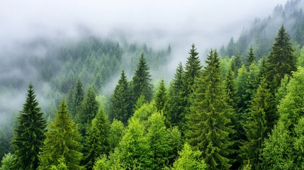 Obraz premium Misty mountain forest with lush green evergreen trees.