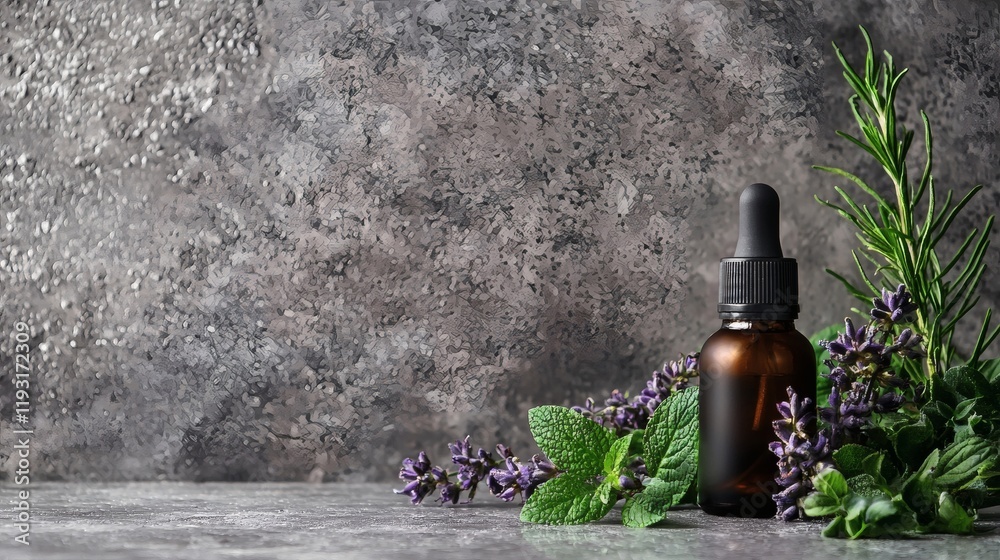 Poster a serene spa setup featuring essential oils and herbs for holistic health approaches stock photo wit