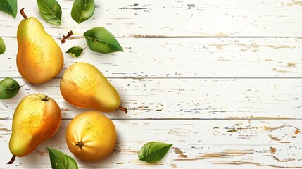 Fresh Ripe Juicy Pears on White Wooden Table, Flat Lay Concept. Ample Copy Space Available