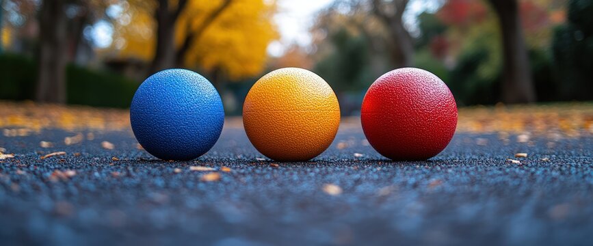 Three colorful balls on autumn ground.