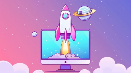 Innovative Business Startup Concept with Rocket Launching from Monitor