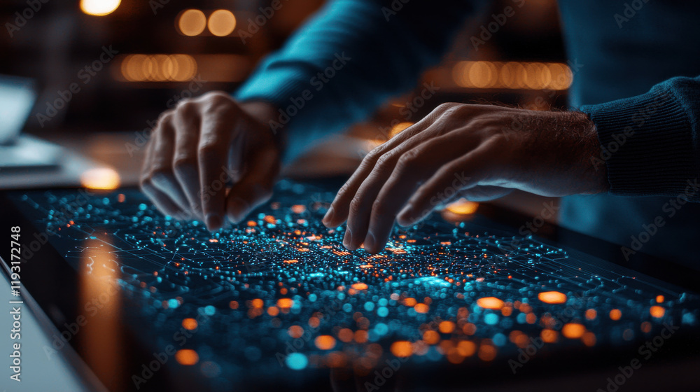 Poster professional using glowing touchscreen interface, analyzing data with focused hands. vibrant colors and intricate patterns create captivating visual experience