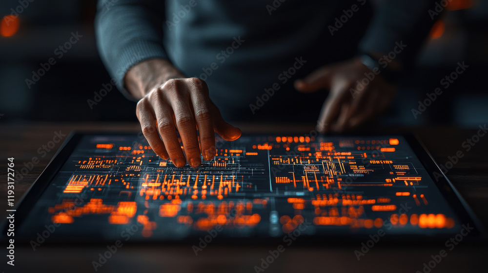 Poster elegant image of professional working on glowing touchscreen interface, showcasing intricate data patterns and vibrant orange graphics