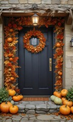 Naklejka premium A beautifully crafted pumpkin wreath made from dried leaves and twigs adorns the entrance of a cozy cottage , , seasonal