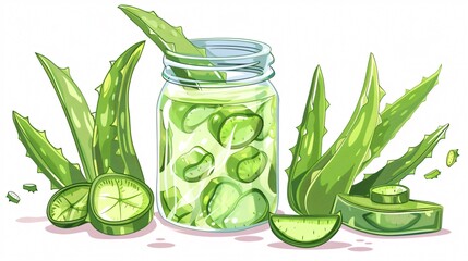 Delicious Aloe Juice and Fresh Cut Leaves in Mason Jar Isolated on White Background