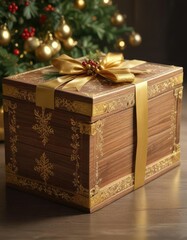 A beautifully crafted wooden storage box wrapped in a stunning gold ribbon adorned with snowflakes and festive holly, snowy landscape, winter wonderland